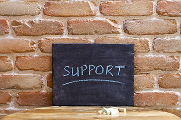 Image showing Black board with the word SUPPORT drown by hand on wooden table 