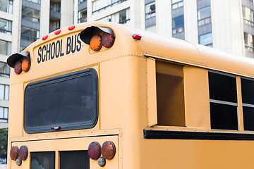 Image showing close up of american schoolbus on city street