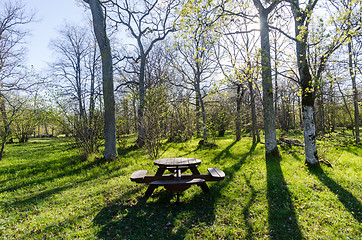 Image showing Beautiful resting place with wooden furniture by springtime in a