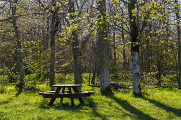 Image showing Beautiful resting place with wooden furniture in a bright backli