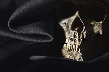 Image showing Closeup photo an old skull covered in black robe