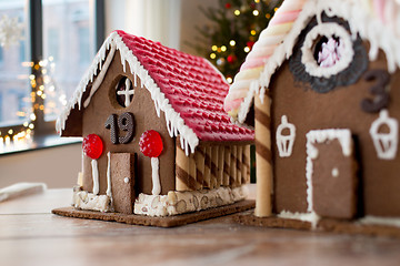 Image showing close up of christmas gingerbread houses at home