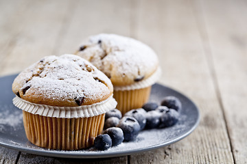 Image showing Homemade fresh muffins with sugar powder and blueberries on cera