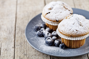 Image showing Homemade fresh muffins with sugar powder and blueberries on cera