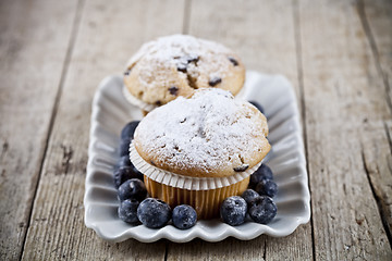 Image showing Homemade fresh muffins with sugar powder and blueberries on cera