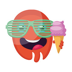 Image showing Round red emoji face with sunglasses holding an icecream vector 