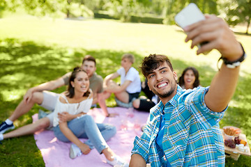 Image showing friends taking selfie by smartphone at picnic