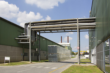 Image showing Metal tubes for mechanical ventilation system on an industrial p