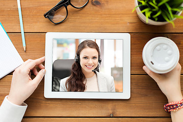 Image showing close up of woman having video call on tablet pc