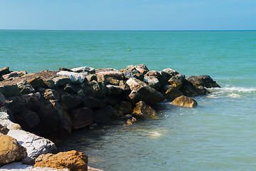 Image showing Beautiful azure sea and the rocky beach