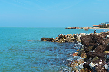 Image showing Beautiful azure sea and the rocky beach