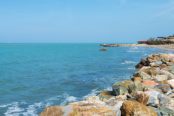 Image showing Beautiful azure sea and the rocky beach