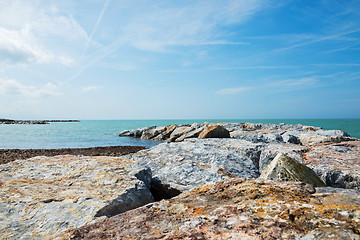 Image showing Beautiful azure sea and the rocky beach