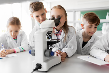 Image showing kids or students with microscope biology at school