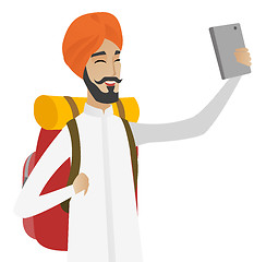 Image showing Hindu traveler man with backpack making selfie.