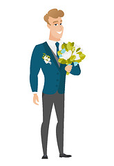 Image showing Young caucasian groom with a bridal bouquet.