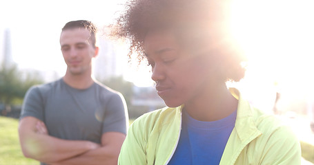 Image showing Portrait of multiethnic group of young people on the jogging