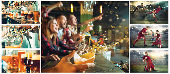 Image showing sport, people, leisure, friendship and entertainment concept - happy football fans or male friends drinking beer and celebrating victory at bar or pub