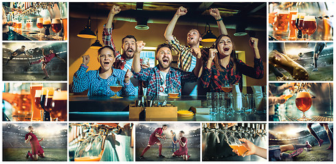 Image showing sport, people, leisure, friendship and entertainment concept - happy football fans or male friends drinking beer and celebrating victory at bar or pub