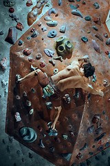 Image showing Free climber young man climbing artificial boulder indoors