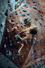 Image showing Free climber young man climbing artificial boulder indoors