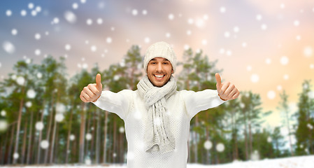 Image showing smiling man showing thumbs up over winter forest