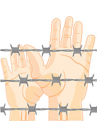 Image showing Hands of the people for barbed wire
