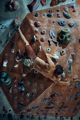 Image showing Free climber young man climbing artificial boulder indoors