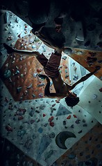 Image showing Free climber young man climbing artificial boulder indoors