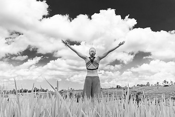 Image showing Relaxed healthy sporty woman, arms rised to the sky, enjoying pure nature at beautiful green rice fields on Bali.