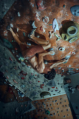 Image showing Free climber young man climbing artificial boulder indoors