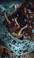 Image showing Free climber young man climbing artificial boulder indoors