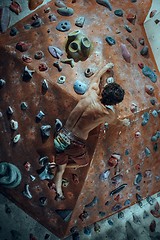 Image showing Free climber young man climbing artificial boulder indoors