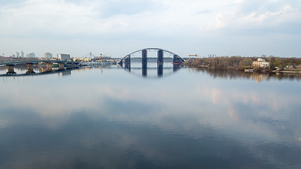 Image showing unfinished Podolsk-Voskresensky bridge connecting the Truhanov island and the Troyeschina area across the Dnipro River in Kiev