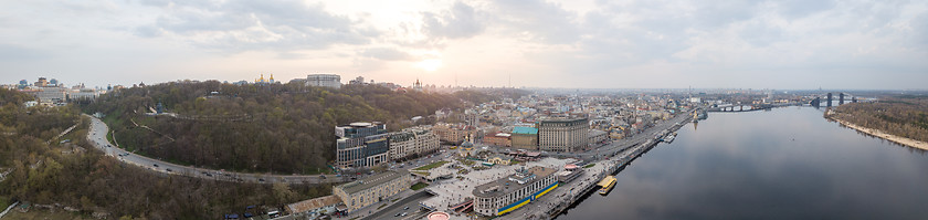 Image showing The full panoramic 360 aerial view from the drone, the bird\'s eye view of the the oldest historical central part of the city of Kiev and the right bank of the Dnieper River, Ukraine.