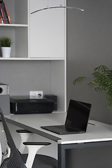 Image showing Modern office interior with orthopaedic chair, comfortable desk, new laptop and office equipment on a table and shalves. Concept green office.