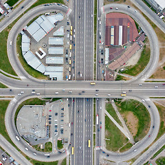 Image showing Aerial view of the road junction with cars, Poznyaki district Kiev, Ukraine.