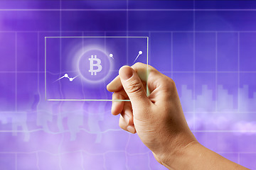 Image showing Icon bitcoin on a glass screen with a graph of crypto currency on an ultraviolet background