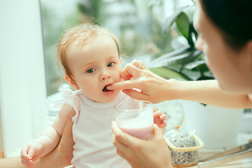 Image showing The happy smiling caucasian family in the kitchen preparing breakfast