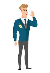 Image showing Caucasian groom calling for help.