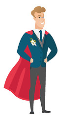 Image showing Groom wearing a red superhero cloak.