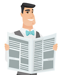 Image showing Young caucasian groom reading newspaper.