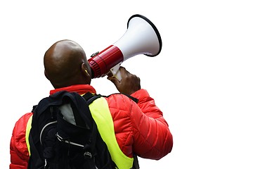 Image showing political activist with the megaphone during a protest, clipping