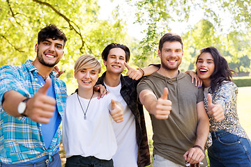 Image showing happy smiling friends showing thumbs up at park