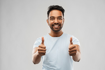 Image showing happy indian man in t-shirt showing thumbs up