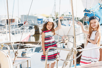 Image showing The children on board of sea yacht