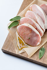 Image showing raw pork escalope with sause made of honey and herbs