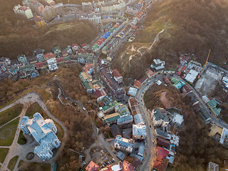 Image showing A bird\'s eye view, aerial view shooting from drone of the Podol district, oldest historical center of Kiev, Ukraine.