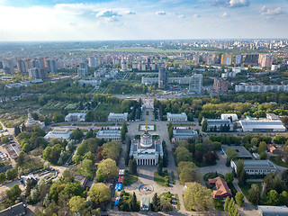 Image showing Panorama of the city of Kiev and the Exhibition Center against the sky in the spring. Photo from the drone