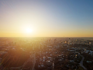 Image showing The panoramic bird\'s eye view from drone to the modern district of Kiev, Ukraine at summer sunset.